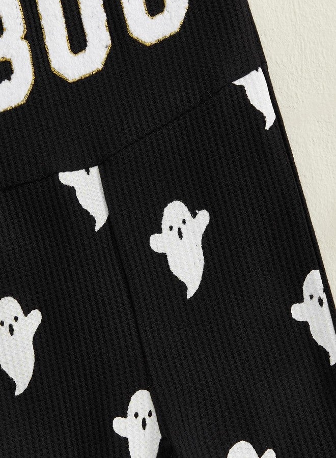 Ayalinggo Baby Girl Halloween Outfit Boo Ribbed Toddler Romper Overalls Jumpsuit Spaghetti Strap Ghost Bell Bottoms Outfits (Black Boo, 0-6 Months) - Image 5