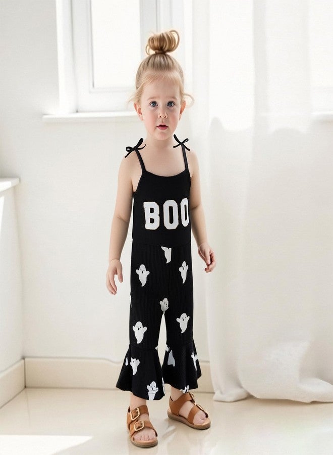 Ayalinggo Baby Girl Halloween Outfit Boo Ribbed Toddler Romper Overalls Jumpsuit Spaghetti Strap Ghost Bell Bottoms Outfits (Black Boo, 0-6 Months) - Image 2