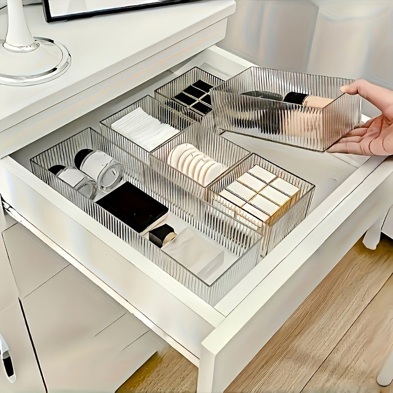 6pcs AFAF Transparent Striped Table & Drawer Organizer Set with 4 Sizes, Plastic Non-Slip Storage Containers Suitable for Home, Office, Kitchen, Bedroom - Drawers & Compartments for Cosmetics, Jewelry, Supplies Organization, Desk & Drawer Organizer - Image 2
