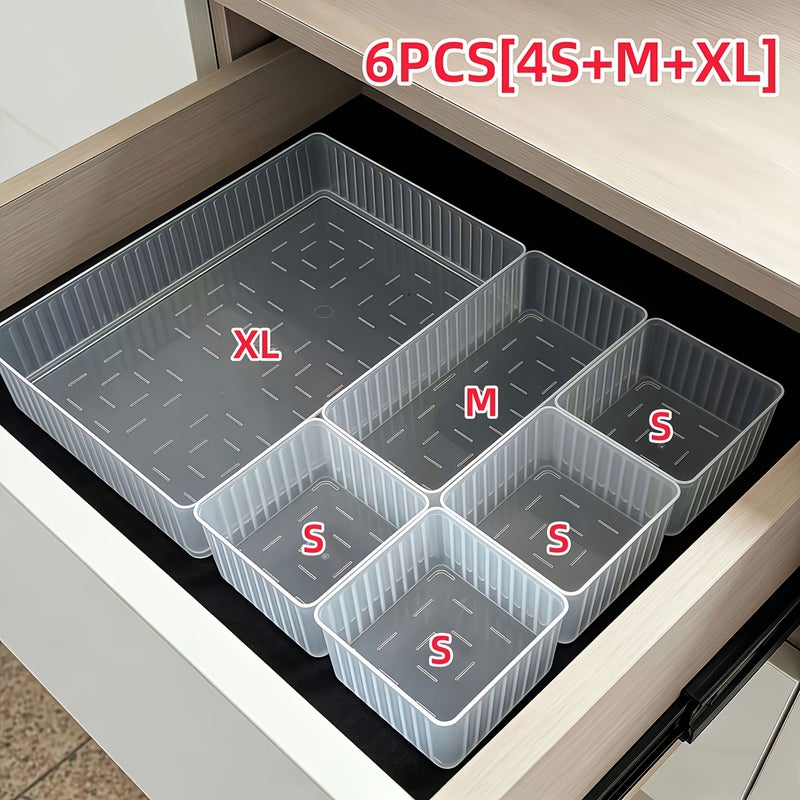 6pcs AFAF Transparent Striped Table & Drawer Organizer Set with 4 Sizes, Plastic Non-Slip Storage Containers Suitable for Home, Office, Kitchen, Bedroom - Drawers & Compartments for Cosmetics, Jewelry, Supplies Organization, Desk & Drawer Organizer - Image 1