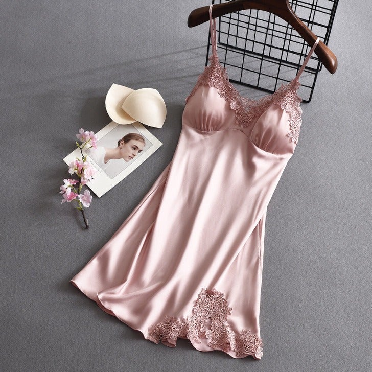 Qi Ta Women's Satin Silk Cami Nightdress with Lace & Built-in Bra - Thin Ice Silk Sleepwear for Spring Summer - Image 1