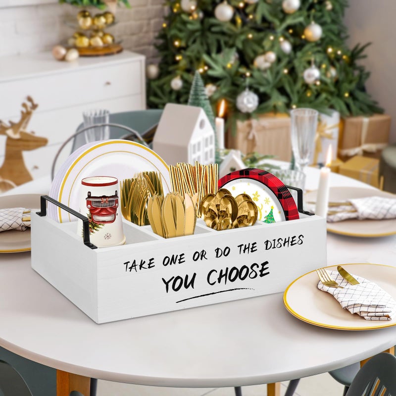 Ameuphercy Wood Paper Plate Holders for Kitchen Counter,Paper Plate Dispenser for Countertop, Rustic Silverware Utensil Caddy for Party,Wooden Plate Organizer Box for Cups Spoons and Forks - Image 2