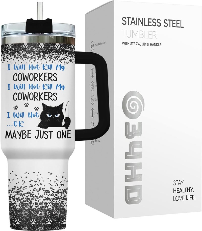 34HD Funny Cat Tumbler with Handle and Straw – I Will Not Harm My Coworkers – 40oz Stainless Steel Insulated Travel Mug – Sarcastic Work Gift for Women & Men, Coffee Lover Office Cup - Image 3