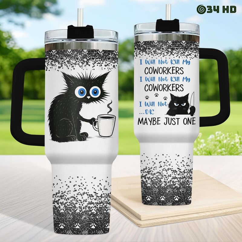 34HD Funny Cat Tumbler with Handle and Straw – I Will Not Harm My Coworkers – 40oz Stainless Steel Insulated Travel Mug – Sarcastic Work Gift for Women & Men, Coffee Lover Office Cup - Image 4