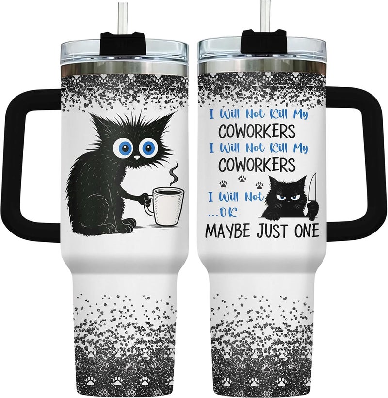 34HD Funny Cat Tumbler with Handle and Straw – I Will Not Harm My Coworkers – 40oz Stainless Steel Insulated Travel Mug – Sarcastic Work Gift for Women & Men, Coffee Lover Office Cup - Image 1