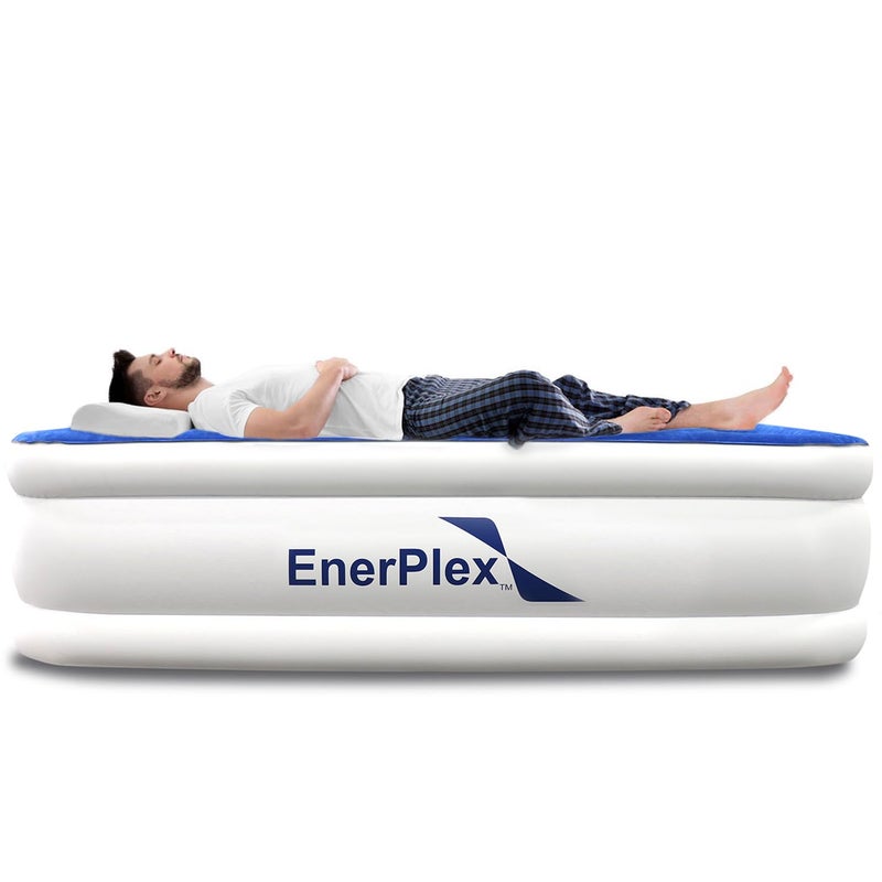 EnerPlex Queen Air Mattress with Built in Pump - 15" Luxury Size Self-Inflating Blow Up Mattress with Neck Support - Inflatable Air Bed for Portable Travel & Home Use (Blue/White) - Image 1