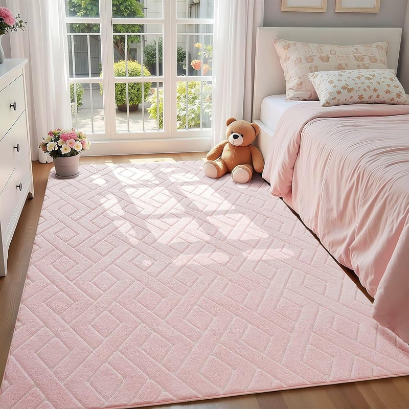 Macgace Ultra Soft Pink Area Rug for Girls Bedroom, 4x6 Modern Geometric Shag Rugs with Nonslip Backing for Living Room, Washable Fuzzy Carpet for Cozy Kids Room Nursery - Image 3