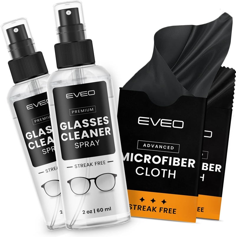 EVEO Glasses Cleaner Spray - Eyeglass Cleaner (No Streaks)| x2 Eye Glass Cleaners Spray + x2 Lens Cleaner Microfiber Cleaning Cloth, Glasses Cleaning Kit Eye Glasses Cleaner Spray & Cloth - 4oz(2ozx2) Long lifespan - Image 1