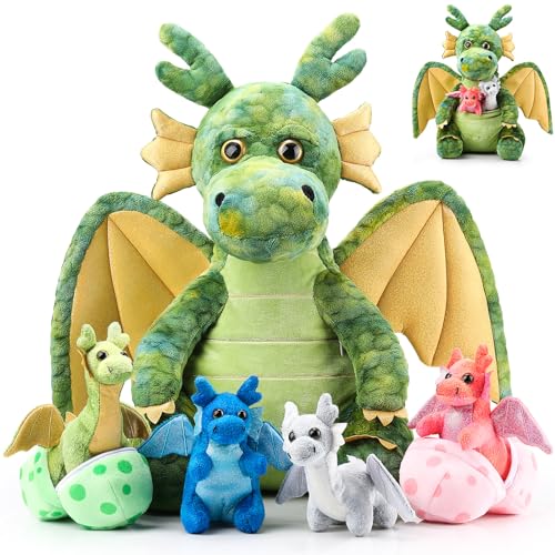 Arrowbash 7 Pcs Dragon Plush Toys Gift Set 15.75" Large Dragon Mom Stuffed Animal with 4 Cute Babies and 2 Eggs in Mommy's Belly for Kids Birthday Christmas Classroom Prizes(Green) - Image 1