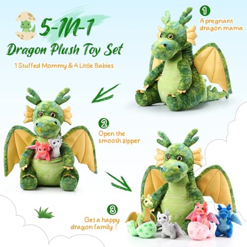 Arrowbash 7 Pcs Dragon Plush Toys Gift Set 15.75" Large Dragon Mom Stuffed Animal with 4 Cute Babies and 2 Eggs in Mommy's Belly for Kids Birthday Christmas Classroom Prizes(Green) - Image 4