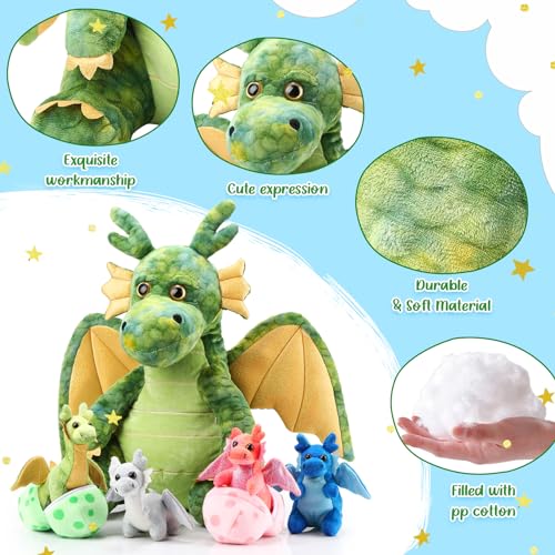Arrowbash 7 Pcs Dragon Plush Toys Gift Set 15.75" Large Dragon Mom Stuffed Animal with 4 Cute Babies and 2 Eggs in Mommy's Belly for Kids Birthday Christmas Classroom Prizes(Green) - Image 3