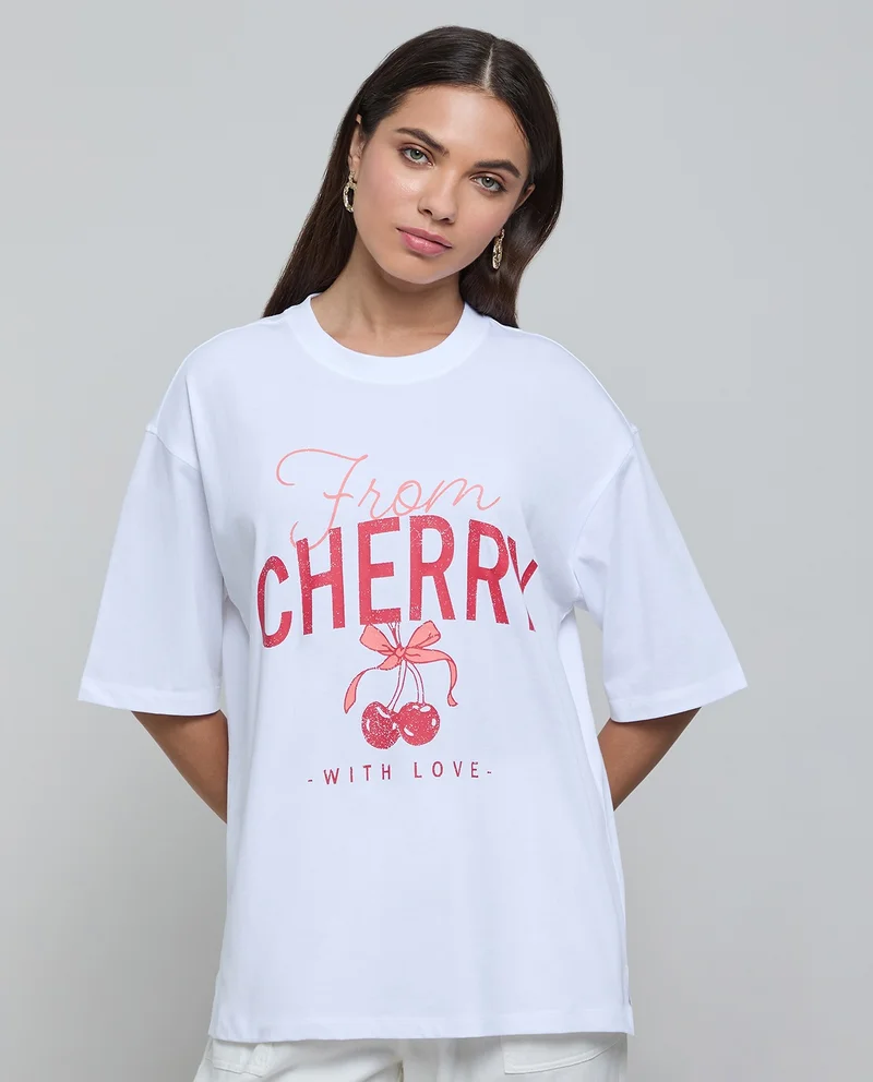 R&B Printed Oversized T-Shirt With Crew Neck And Short Sleeves