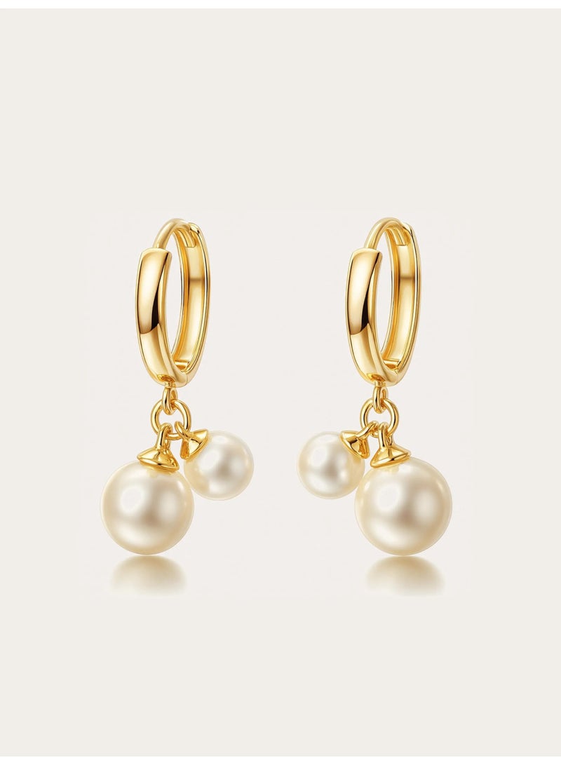 Julia Store 18K Gold Plated Metal Cute Trendy Elegant Luxury Celebrity Deluxe Huggie Drop Dangle Tiny Cherry Pearl Dangle Bell Pearl Drop Earrings Statement Bridal Earrings for Women Jewelry Gift - Image 1
