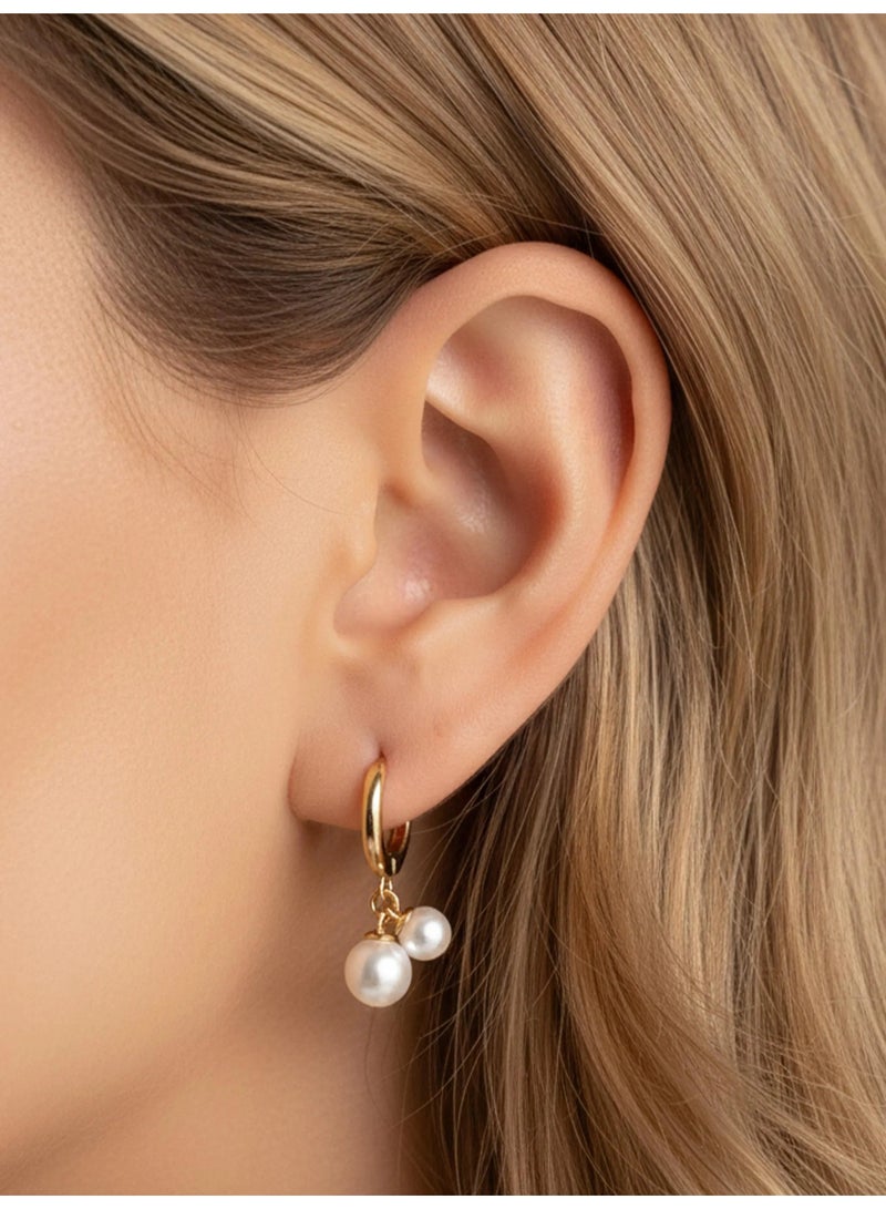Julia Store 18K Gold Plated Metal Cute Trendy Elegant Luxury Celebrity Deluxe Huggie Drop Dangle Tiny Cherry Pearl Dangle Bell Pearl Drop Earrings Statement Bridal Earrings for Women Jewelry Gift - Image 5