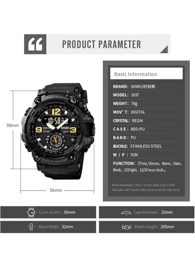 Men's 1637 Japan Movement 3 Time Dual Display Analog LED Electronic Quartz Wristwatch - Image 5