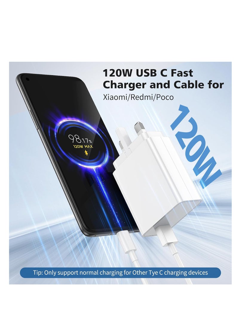 شاحن توربو 120 واط USB لجهاز شاومي ريدمي نوت 14 برو+، شاحن سريع USB مع كابل شحن 3A بطول 1 متر، شاحن حائط محول طاقة المملكة المتحدة لجهاز Mi 14T 13 12X 11T برو ريدمي نوت 14 13 12 11 10 POCO X7 X6 X4 F5 F5 برو ريدمي نوت K80 K70 K60 K50 - Image 1