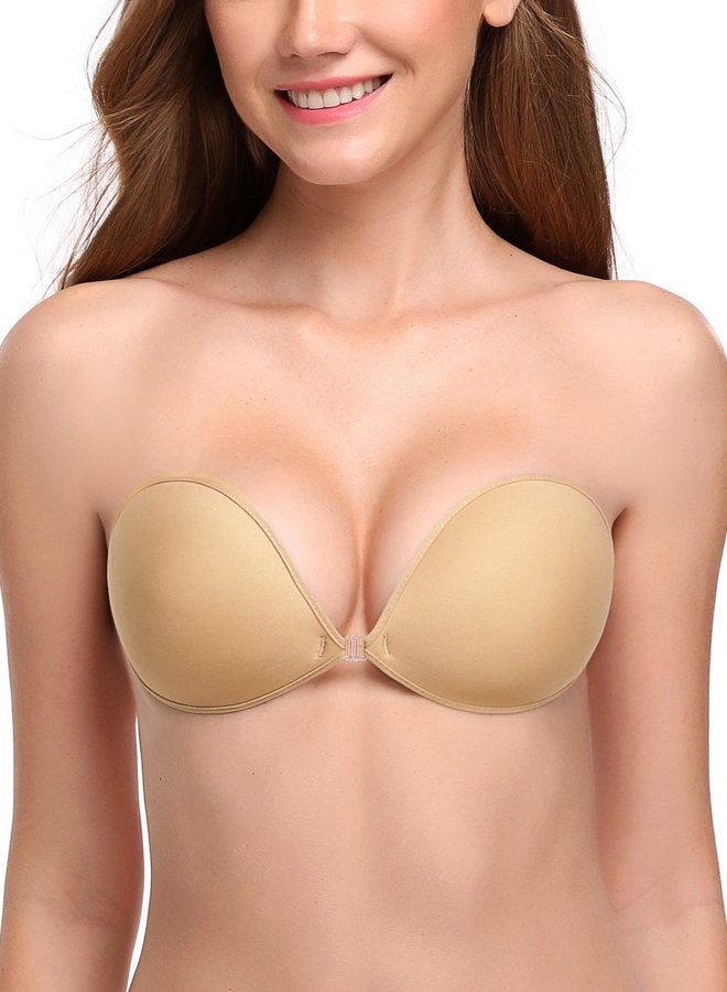 Wingslove Adhesive Bra Reusable Strapless Self Silicone Push-up Invisible Sticky Bras for Backless Dress, Beige, C - Image 1