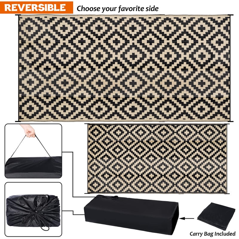 SAND MINE Waterproof Outdoor Rug 9x18 ft, Plastic Reversible Rug, Modern Area Rug, Large Floor Mat for Outdoors, RV, Patio, Backyard, Deck, Picnic, Beach, Camping, Black & Beige - Image 4