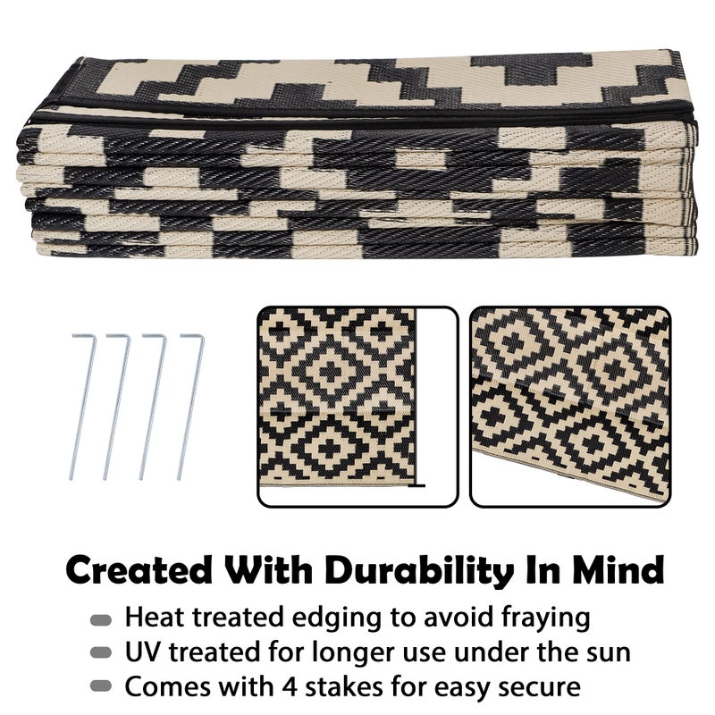 SAND MINE Waterproof Outdoor Rug 9x18 ft, Plastic Reversible Rug, Modern Area Rug, Large Floor Mat for Outdoors, RV, Patio, Backyard, Deck, Picnic, Beach, Camping, Black & Beige - Image 2