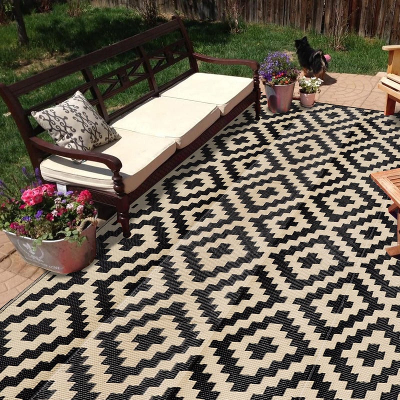 SAND MINE Waterproof Outdoor Rug 9x18 ft, Plastic Reversible Rug, Modern Area Rug, Large Floor Mat for Outdoors, RV, Patio, Backyard, Deck, Picnic, Beach, Camping, Black & Beige - Image 5