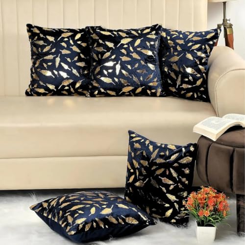 HOMECROWN 16x16 Inch Velvet Cushion Covers Set of 5 Pcs, Soft Decorative Faux Fur Throw Pillow Covers with Golden Feather Print for Sofa, Couch, Bed, Living Room - Black-250 TC - Image 1