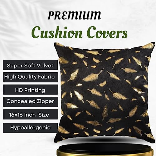 HOMECROWN 16x16 Inch Velvet Cushion Covers Set of 5 Pcs, Soft Decorative Faux Fur Throw Pillow Covers with Golden Feather Print for Sofa, Couch, Bed, Living Room - Black-250 TC - Image 4