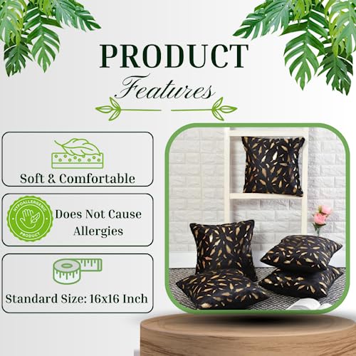 HOMECROWN 16x16 Inch Velvet Cushion Covers Set of 5 Pcs, Soft Decorative Faux Fur Throw Pillow Covers with Golden Feather Print for Sofa, Couch, Bed, Living Room - Black-250 TC - Image 3