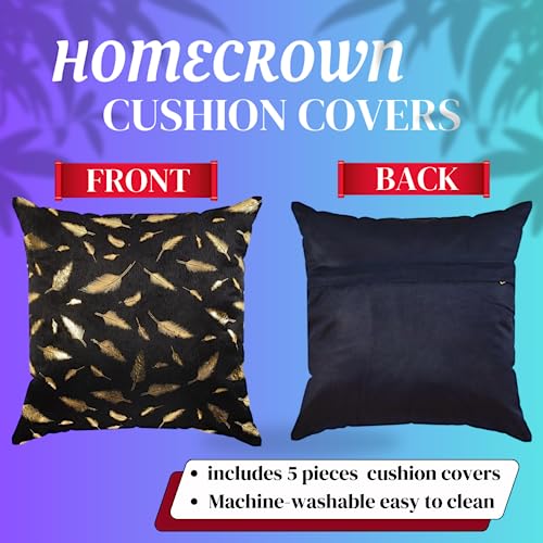 HOMECROWN 16x16 Inch Velvet Cushion Covers Set of 5 Pcs, Soft Decorative Faux Fur Throw Pillow Covers with Golden Feather Print for Sofa, Couch, Bed, Living Room - Black-250 TC - Image 5