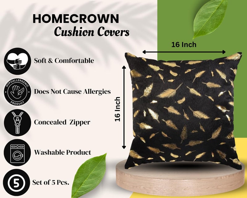 HOMECROWN 16x16 Inch Velvet Cushion Covers Set of 5 Pcs, Soft Decorative Faux Fur Throw Pillow Covers with Golden Feather Print for Sofa, Couch, Bed, Living Room - Black-250 TC - Image 2