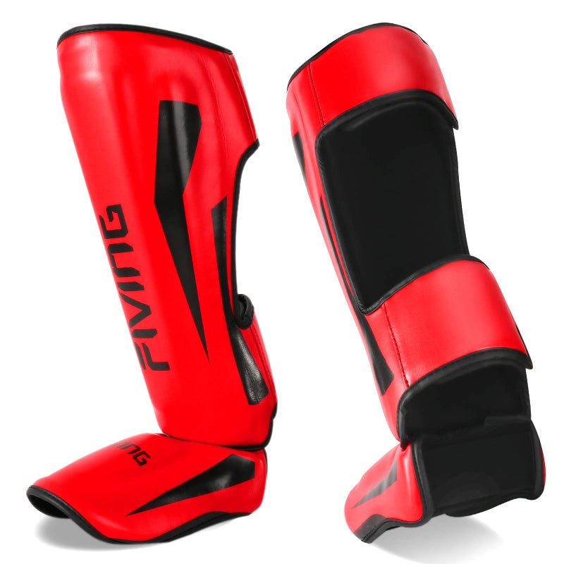 FIVING MMA Martial Arts Shin Guards Padded Adjustable Muay Thai Leg Guards with Instep Protection for KickboxingMMA Training and Sparring Durable Professional MMA Equipment Red Small