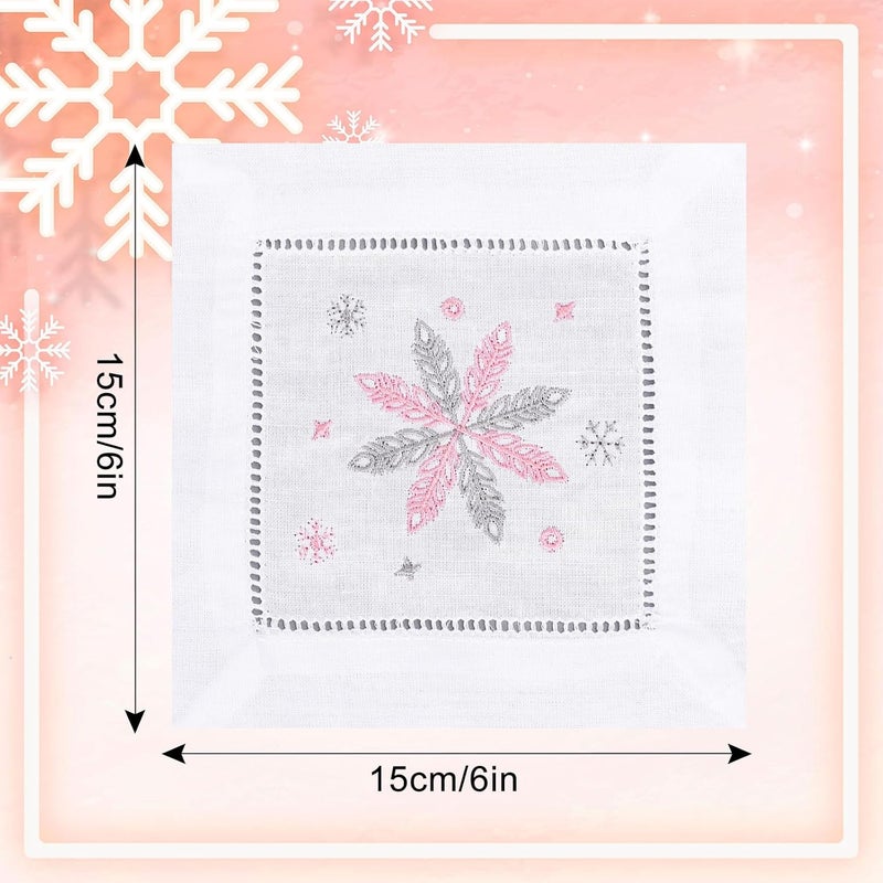 Whaline 6Pcs Christmas Embroidered White Cocktail Napkin Snowflake Cloth Dinner Napkin Washable Reusable Winter Cotton Table Napkin For Holiday Party Dining Table Decor 6 x 6 Inch - Image 2