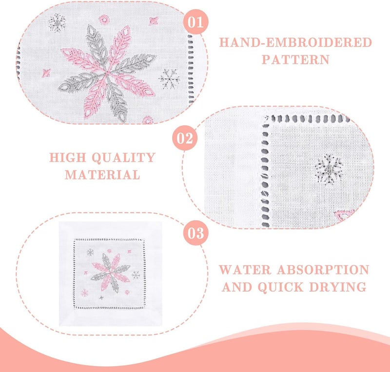 Whaline 6Pcs Christmas Embroidered White Cocktail Napkin Snowflake Cloth Dinner Napkin Washable Reusable Winter Cotton Table Napkin For Holiday Party Dining Table Decor 6 x 6 Inch - Image 3