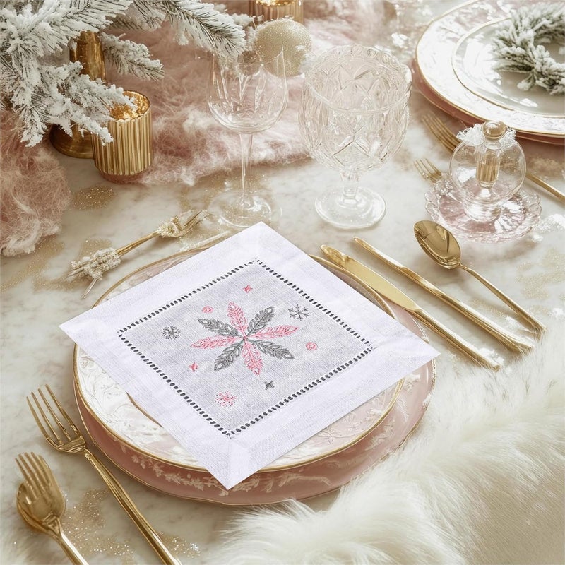 Whaline 6Pcs Christmas Embroidered White Cocktail Napkin Snowflake Cloth Dinner Napkin Washable Reusable Winter Cotton Table Napkin For Holiday Party Dining Table Decor 6 x 6 Inch - Image 5