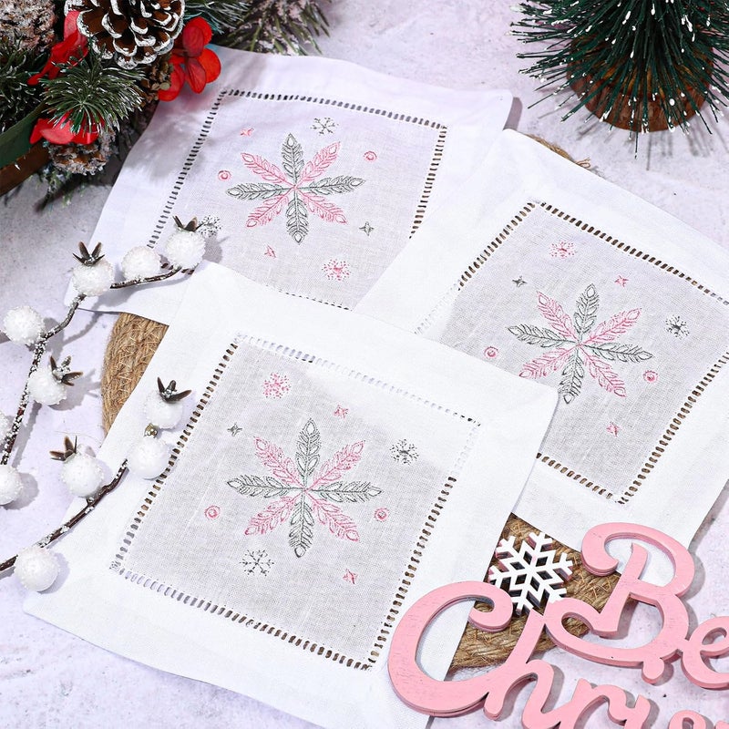 Whaline 6Pcs Christmas Embroidered White Cocktail Napkin Snowflake Cloth Dinner Napkin Washable Reusable Winter Cotton Table Napkin For Holiday Party Dining Table Decor 6 x 6 Inch - Image 4
