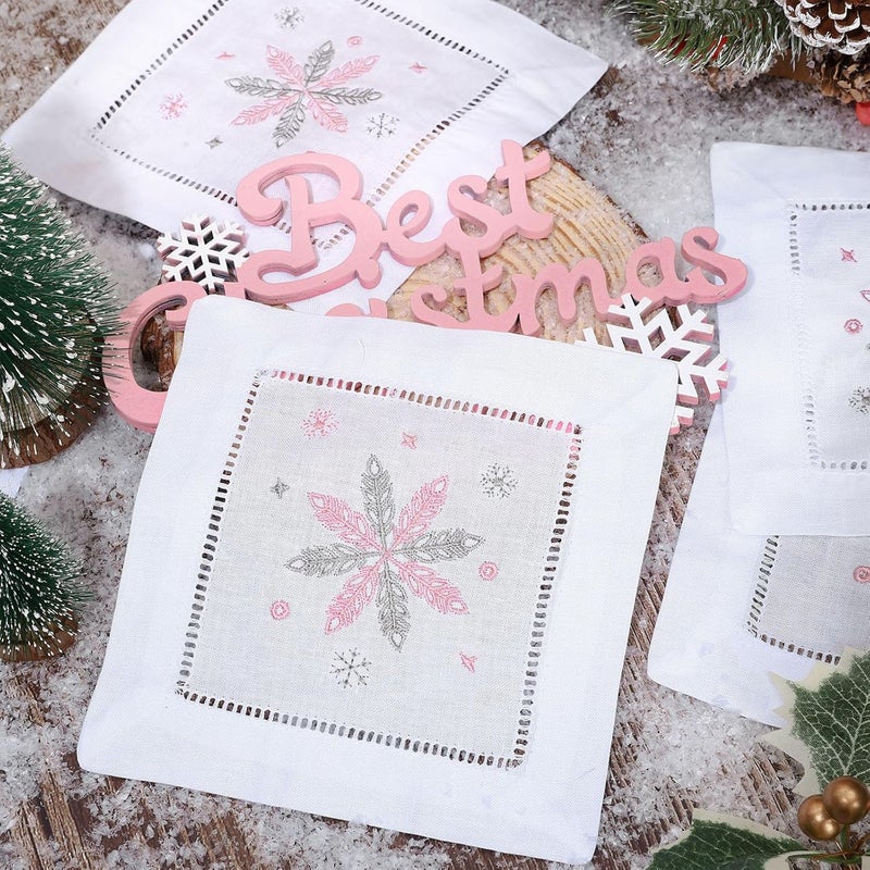 Whaline 6Pcs Christmas Embroidered White Cocktail Napkin Snowflake Cloth Dinner Napkin Washable Reusable Winter Cotton Table Napkin For Holiday Party Dining Table Decor 6 x 6 Inch - Image 1