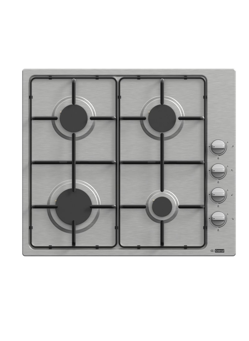 GL General GL General Built-in Hob 60x52 cm 4 Gas Burners Steel Color Heavy Duty Stand, Easy to Clean, Auto Burn, Side Keys, High Quality, Easy to Clean  - Image 1