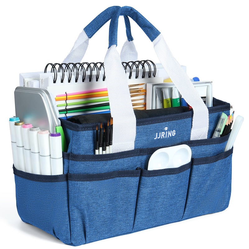 JJRING Craft Organizer Tote Bag Art Storage Caddy with Multiple Pockets Blue Sewing Bag for Art Craft Scrapbooking School Medical and Office Supplies Storage