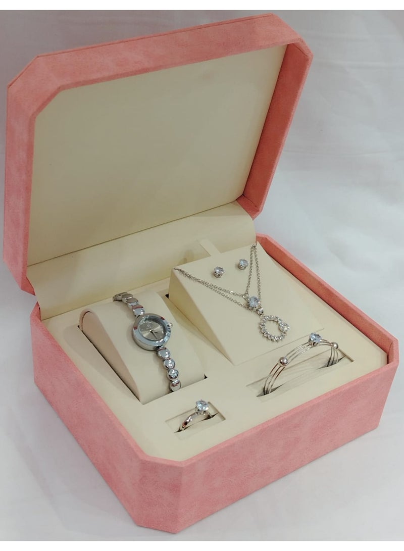 ريفولي مجموعة هدايا ساعة يد نسائي  تتضمن ساعة قلادة، ، خاتم، وسوار