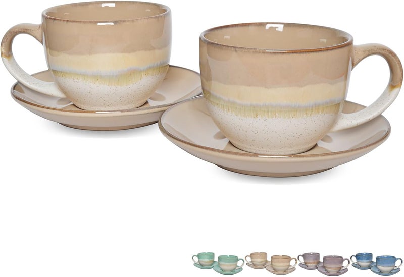 Bosmarlin Ceramic Cappuccino Cup and Saucer Set of 2 10 Oz Coffee Cups for Latte Espresso Tea Dishwasher and Microwave Safe Brown Grey - Image 1