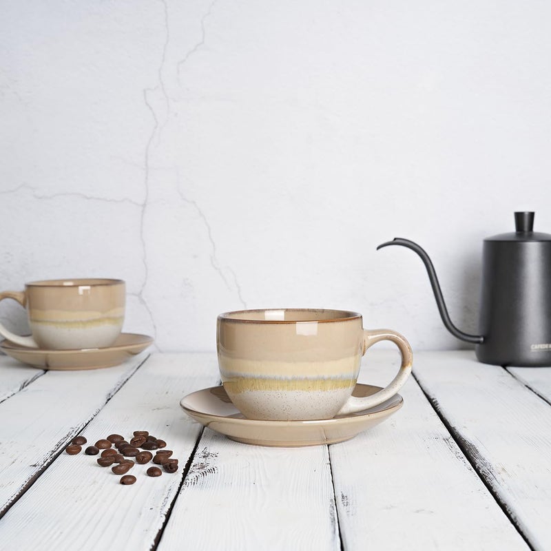 Bosmarlin Ceramic Cappuccino Cup and Saucer Set of 2 10 Oz Coffee Cups for Latte Espresso Tea Dishwasher and Microwave Safe Brown Grey - Image 4
