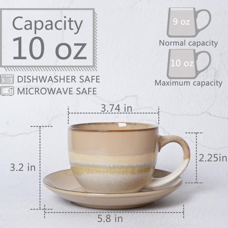 Bosmarlin Ceramic Cappuccino Cup and Saucer Set of 2 10 Oz Coffee Cups for Latte Espresso Tea Dishwasher and Microwave Safe Brown Grey - Image 2