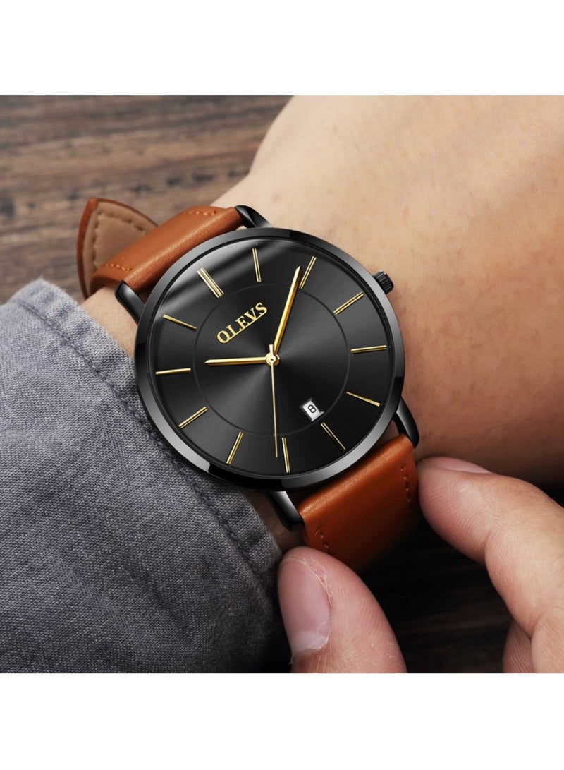 أوليفز ساعات OLEVS للرجال بسيطة للغاية ورفيعة للغاية كاجوال تناظرية كوارتز تاريخ ساعة مقاومة للماء رفيعة وبسيطة كبيرة الوجه مع سوار جلدي قديم للرجال - Image 2