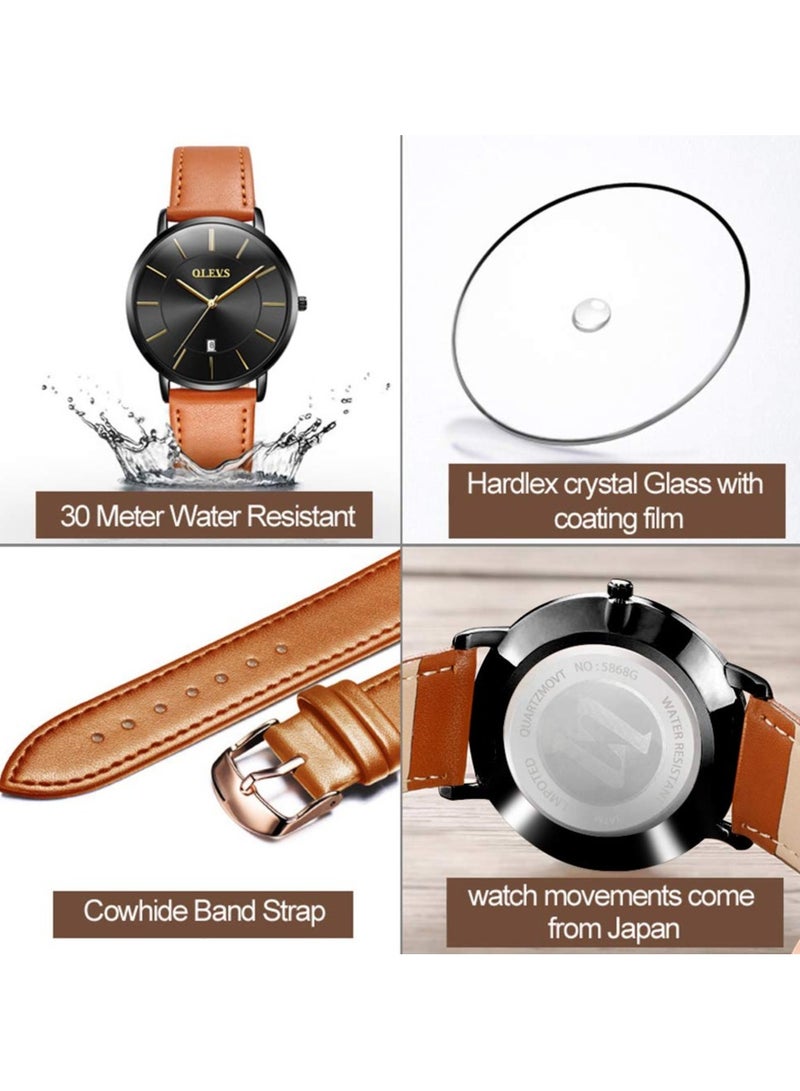 أوليفز ساعات OLEVS للرجال بسيطة للغاية ورفيعة للغاية كاجوال تناظرية كوارتز تاريخ ساعة مقاومة للماء رفيعة وبسيطة كبيرة الوجه مع سوار جلدي قديم للرجال - Image 4