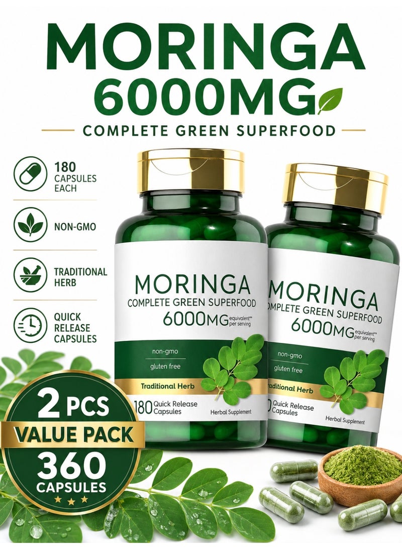 Moringa Oleifera Capsules 6000mg, Pure Leaf Powder Superfood Supplement, 2-Pack 360 Count, Vegan, Non-GMO, Gluten-Free - Image 1