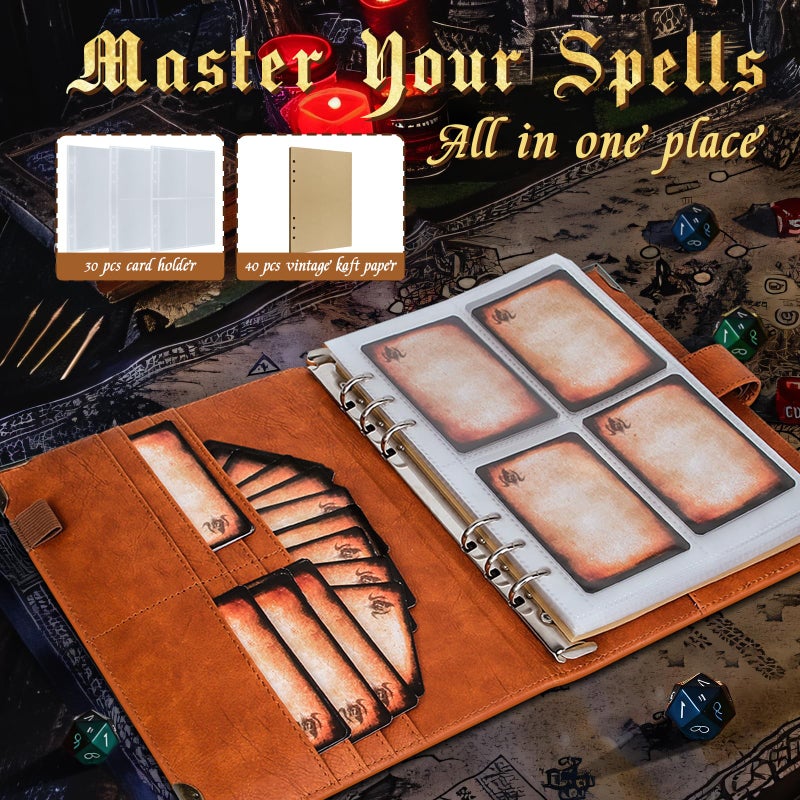 Byhoo DND Spell Cards 5e Leather Spellbook for Dungeons & Dragons notebook with 30 Sleeves for Spell Cards Writable Pages and Magnetic Closure A Must-Have for RPG & Board Games for Every Adventurer - Image 4