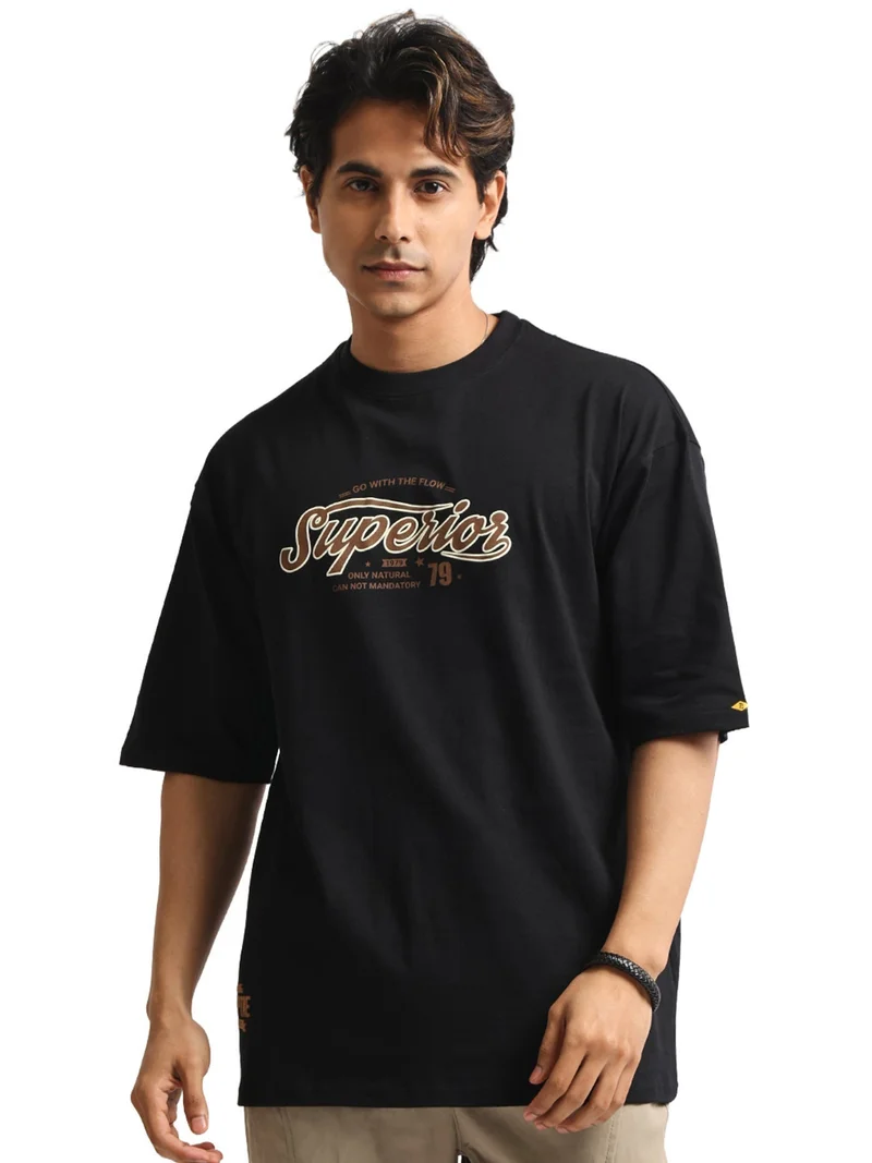 Maniac Maniac Mens Printed Round Neck Half Sleeve Cream and Brown Cotton Tshirt
