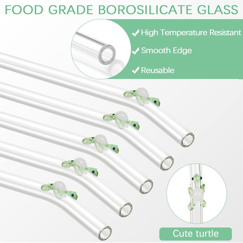 Olpchee 5 Pcs Reusable Straws Clear Glass Straws Colorful Turtle Design Size 7.8" x 8mm with 1 Cleaning Brush for Smoothies, Milkshakes, Juices, Teas (Green) - Image 2