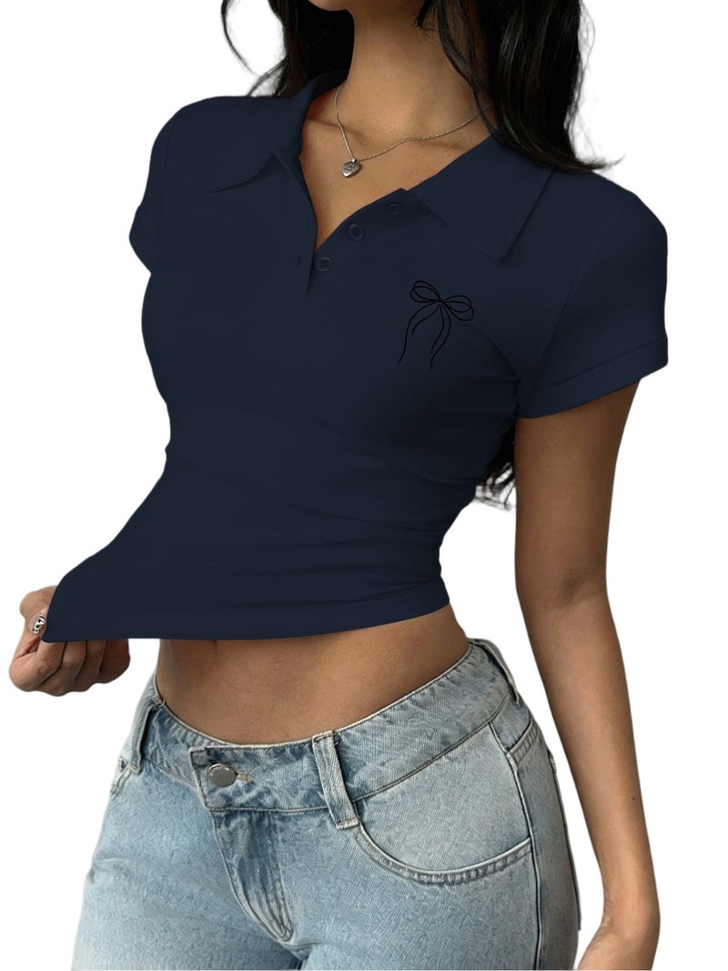 American Vintage Collared Shirt, Trendy Women'S Minimalist Fitted Short - Sleeve Polo Style, Flattering Slim - Fit T - Shirt for Women, - Navy / XS - Image 1