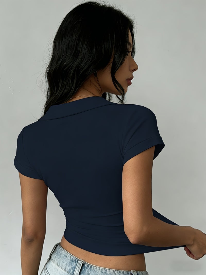 American Vintage Collared Shirt, Trendy Women'S Minimalist Fitted Short - Sleeve Polo Style, Flattering Slim - Fit T - Shirt for Women, - Navy / XS - Image 2
