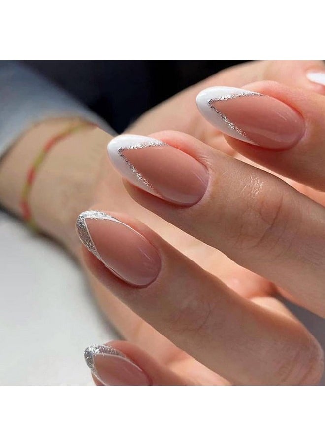 Silver Line Oval French Press On Nails Artificial Nails, Reusable Fake Nails, Set Of 22 False Nails Universally Sized Nail Extensions For Women Press- On Nails, Longlasting Fake Nails With Glue Glossy Finish (Silver Line Detailing Nude Colour Base With White Tips) - pzsku/ZF7BA188D0167DA1ED249Z/45/_/1733729799/84194c2f-4e2b-4dfa-ac37-7f9b0543d575